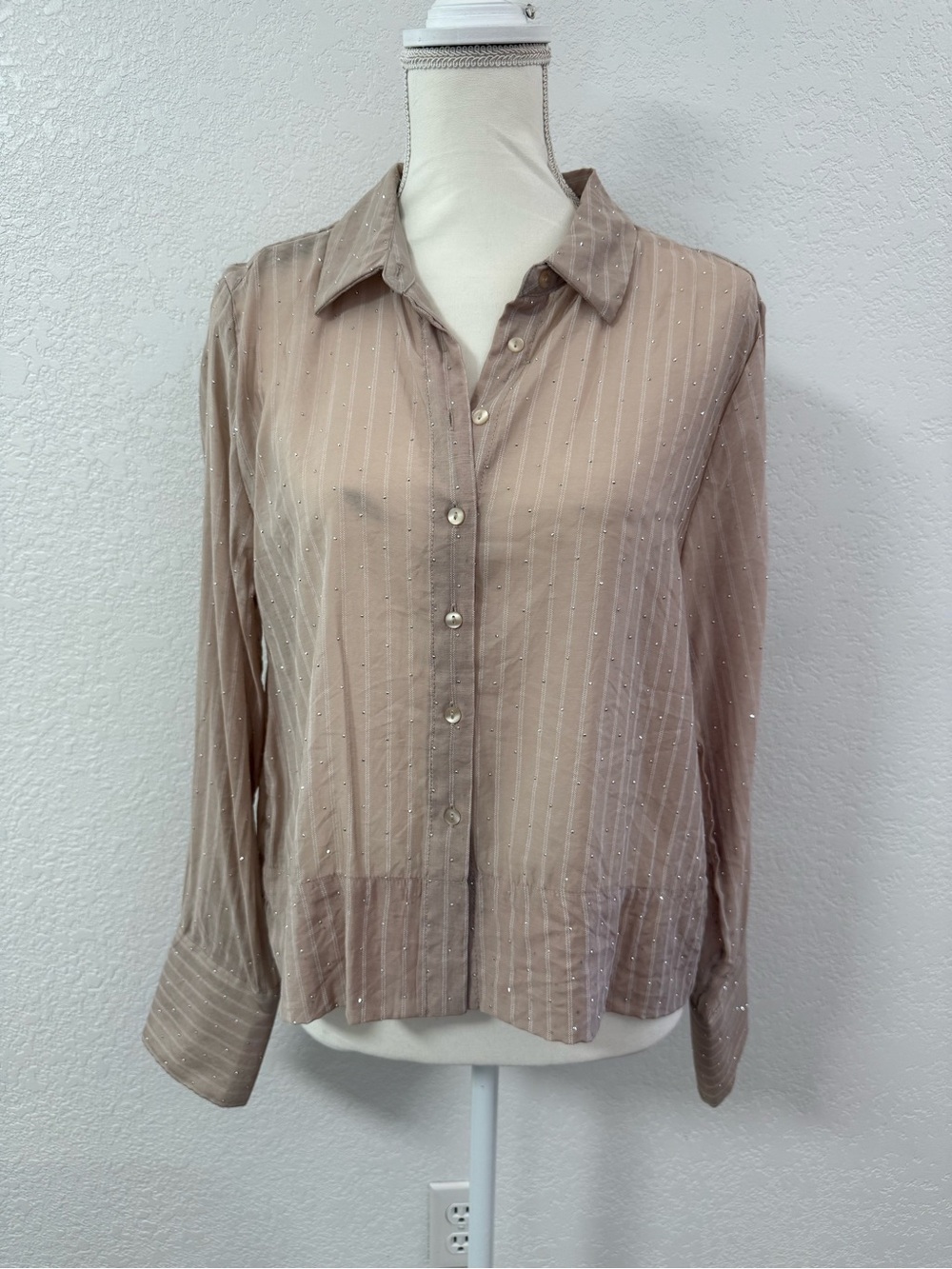 MODERN WORKS Button-Up Collared Woven Long Sleeve Striped Beige Shirt Women M